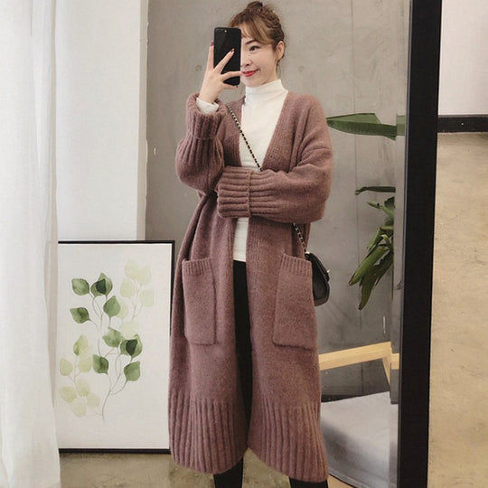 Damen Oversized Strickmantel mit praktischen Taschen und tiefem V-Ausschnitt EB