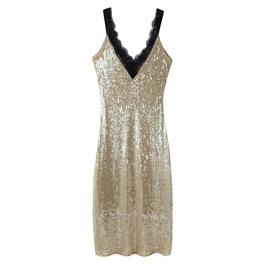 Damen glamouröses Abendkleid mit Pailletten und Spitzenverzierung EB