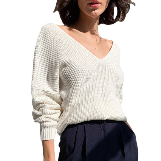 Damen eleganter V-Ausschnitt Pullover mit feiner Rippenstruktur und überschnittenen Schultern EB