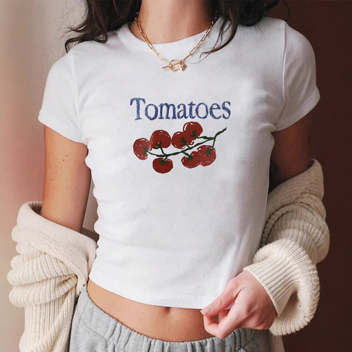 Damen Crop-T-Shirt mit kreativem Tomatenmotiv EB