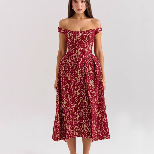 Damen Spitzenkleid mit schulterfreiem Design und elegantem Rock EB