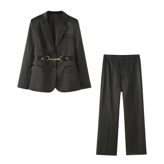 Damen elegantes Satin-Blazer-Set mit Kettenakzent EB