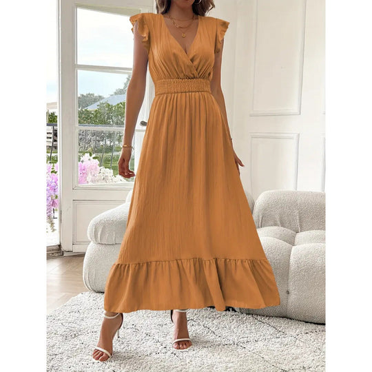 Damen Maxikleid mit voluminösen Rüschenärmel und elegantem Bund EB