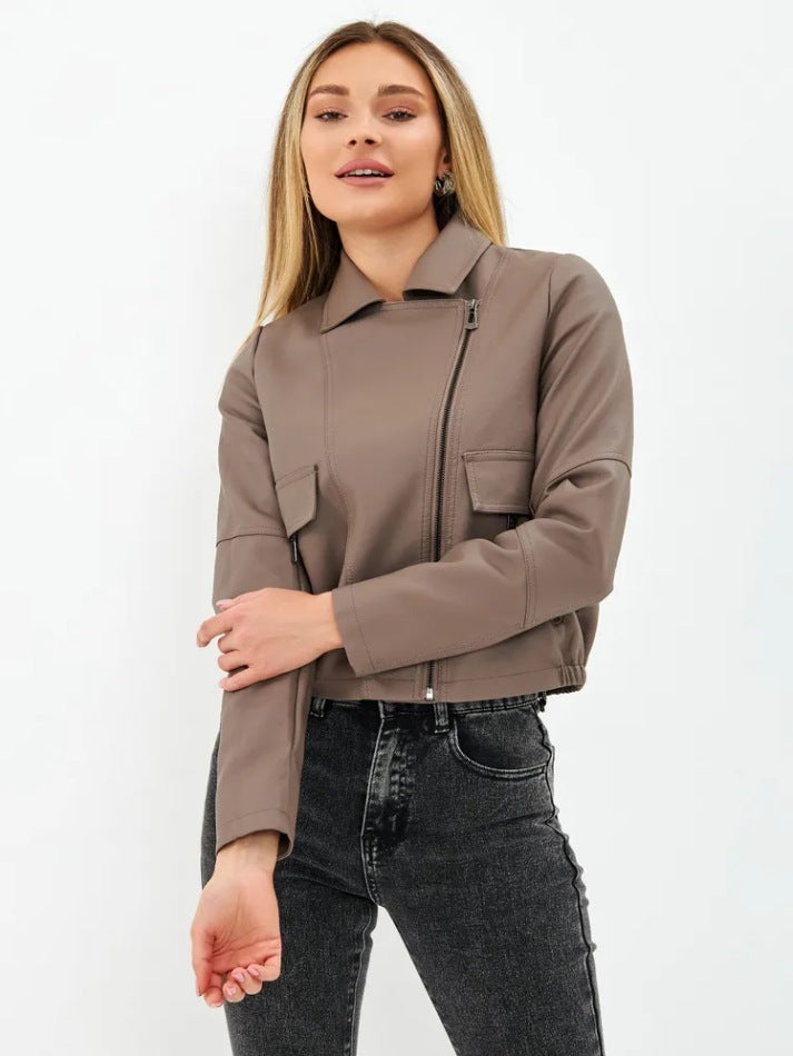 Damen cropped Kunstlederjacke mit praktischen Taschen und modernem Schnitt EB
