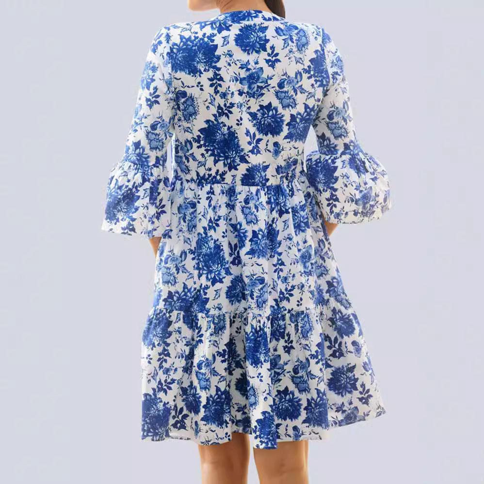 Damen Blumenkleid mit voluminösen Ärmeln und eleganter Passform EB
