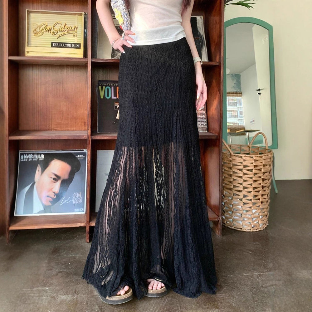 Damen Eleganter Maxi-Rock mit transparenter Spitze und Falten EB