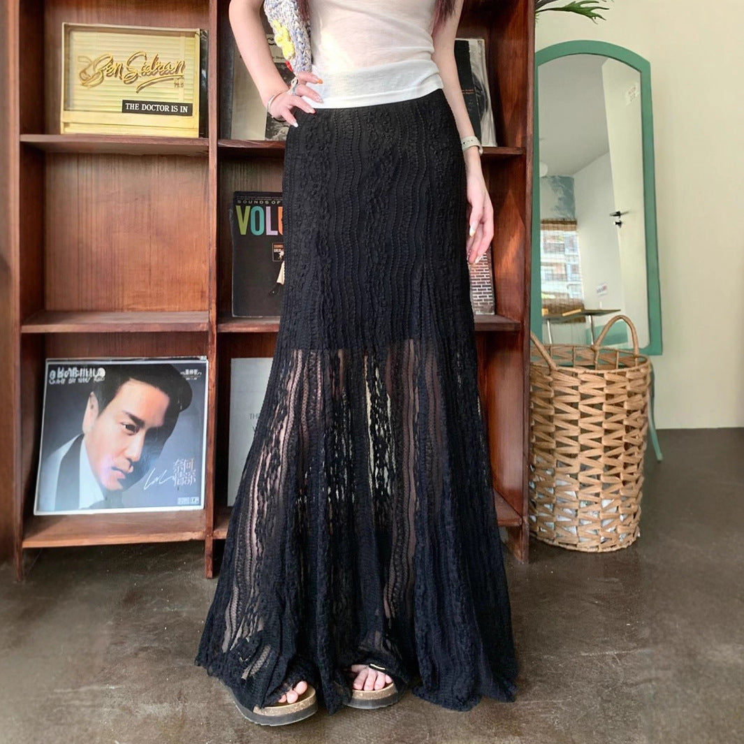Damen Eleganter Maxi-Rock mit transparenter Spitze und Falten EB