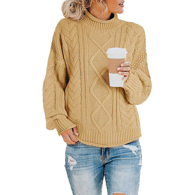 Damen Grobstrickpullover mit hohem Kragen und Bündchen EB