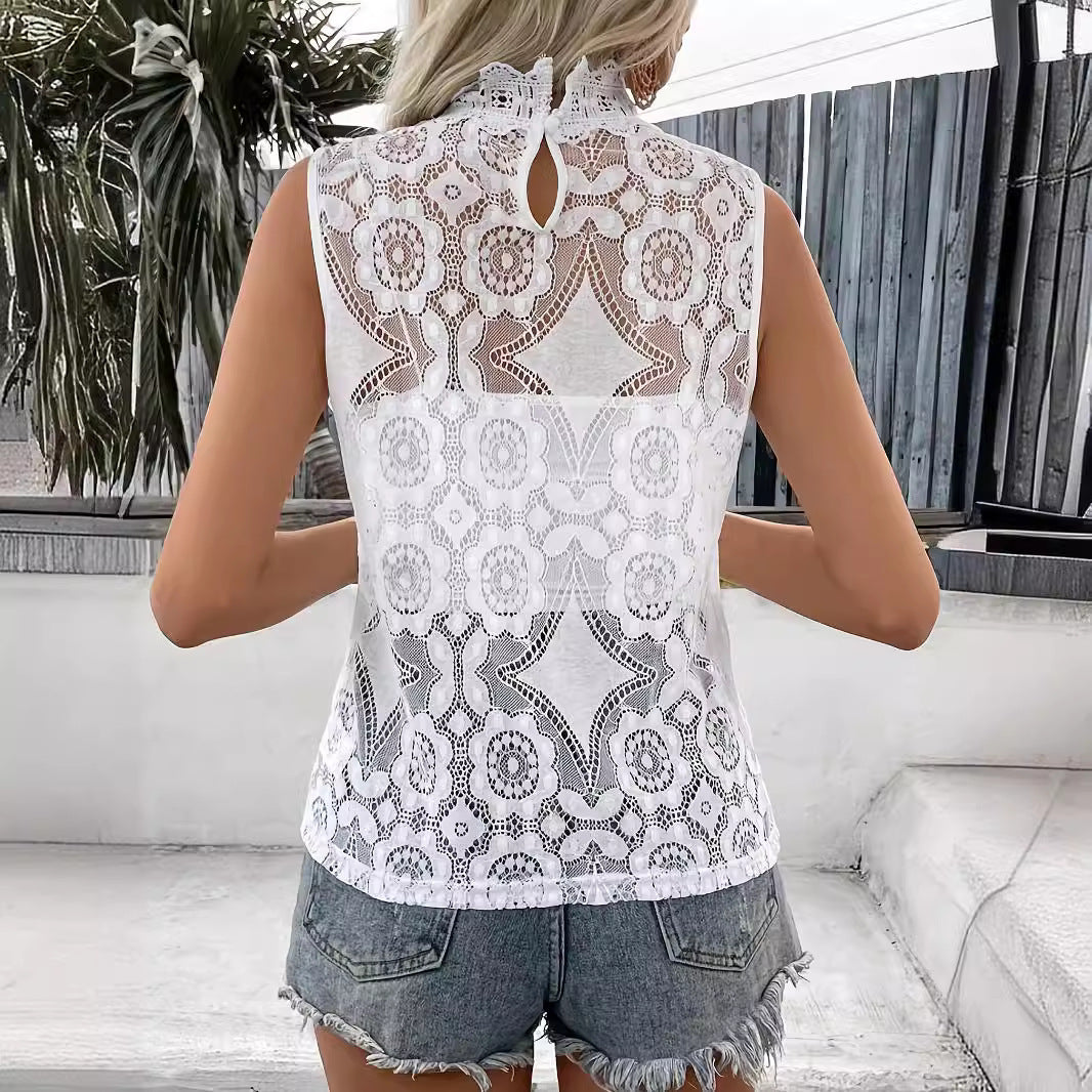 Damen Spitzenbluse mit hochgeschlossenem Kragen und romantischen Details EB