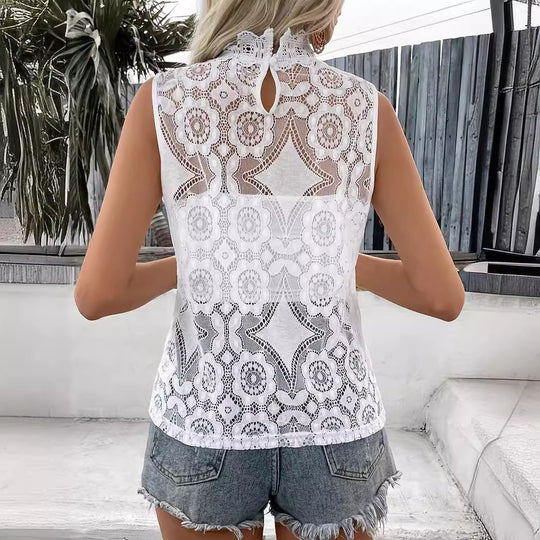 Damen Spitzenbluse mit hochgeschlossenem Kragen und romantischen Details EB