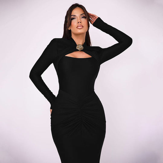 Damen Schulterfreies Kleid mit Raffungen und langem Arm EB