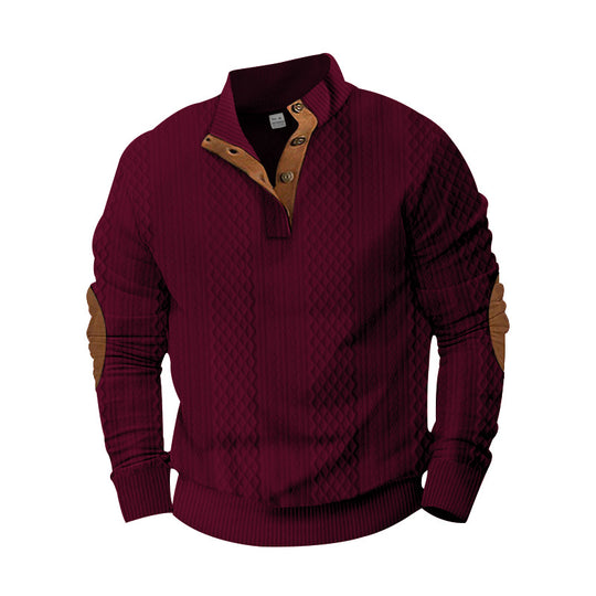 Herren nan strukturierter Henley-Pullover mit Stehkragen, Knopfleiste und Lederoptik-Ellbogenbesatz EB
