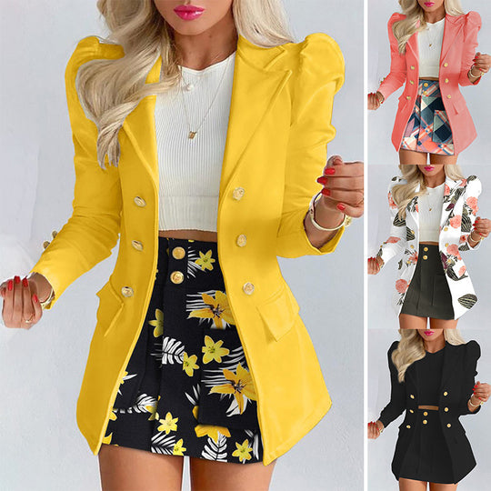 Damen Zweiteiliges karriertes Blazer- und Minirock-Set mit betonten Puffärmeln und goldenen Knöpfen EB