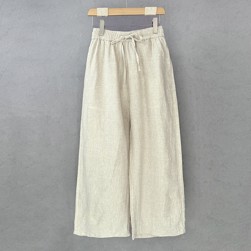 Damen lockere Leinenhose mit elastischem Bund und seitlichen Eingrifftaschen EB