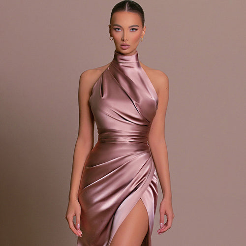 Damen glamouröses Abendkleid mit hohem Schlitz und eleganter Wickeloptik EB