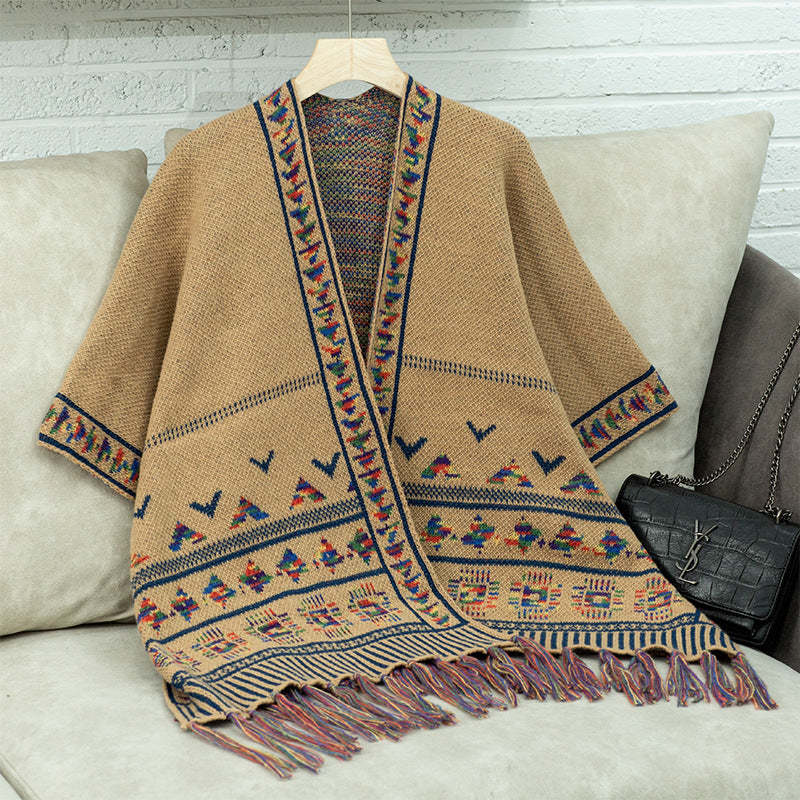Damen stilvolle Poncho mit buntem Ethnomuster EB