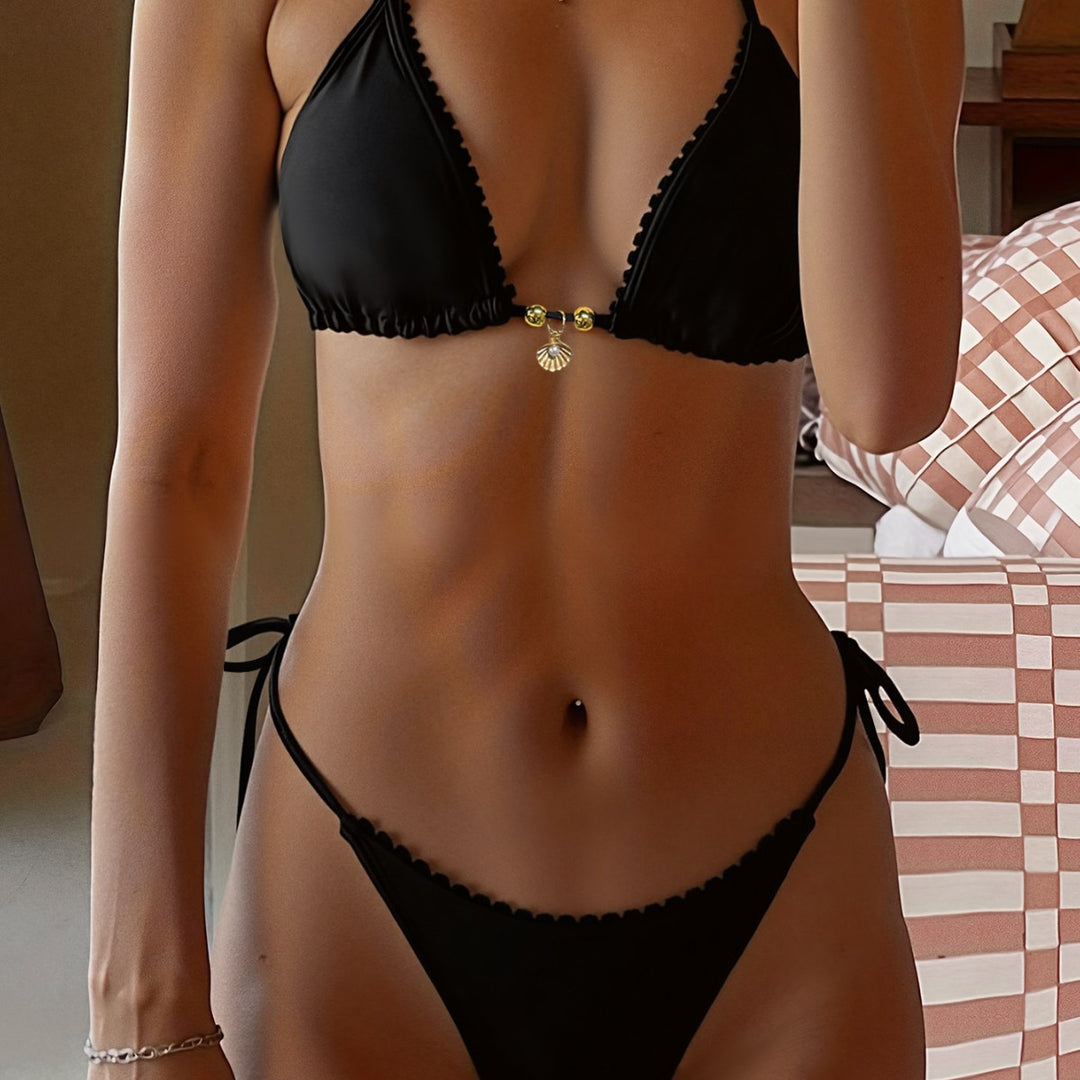 Damen Triangel-Bikini-Set mit luxuriösen Rüschendetails und dekorativem Bindeband EB