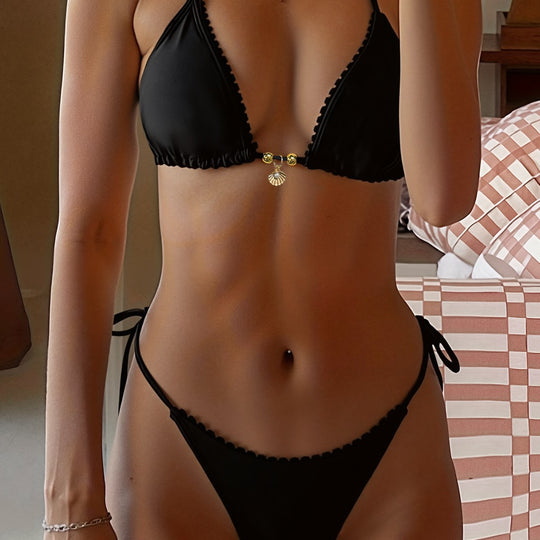 Damen Triangel-Bikini-Set mit luxuriösen Rüschendetails und dekorativem Bindeband EB