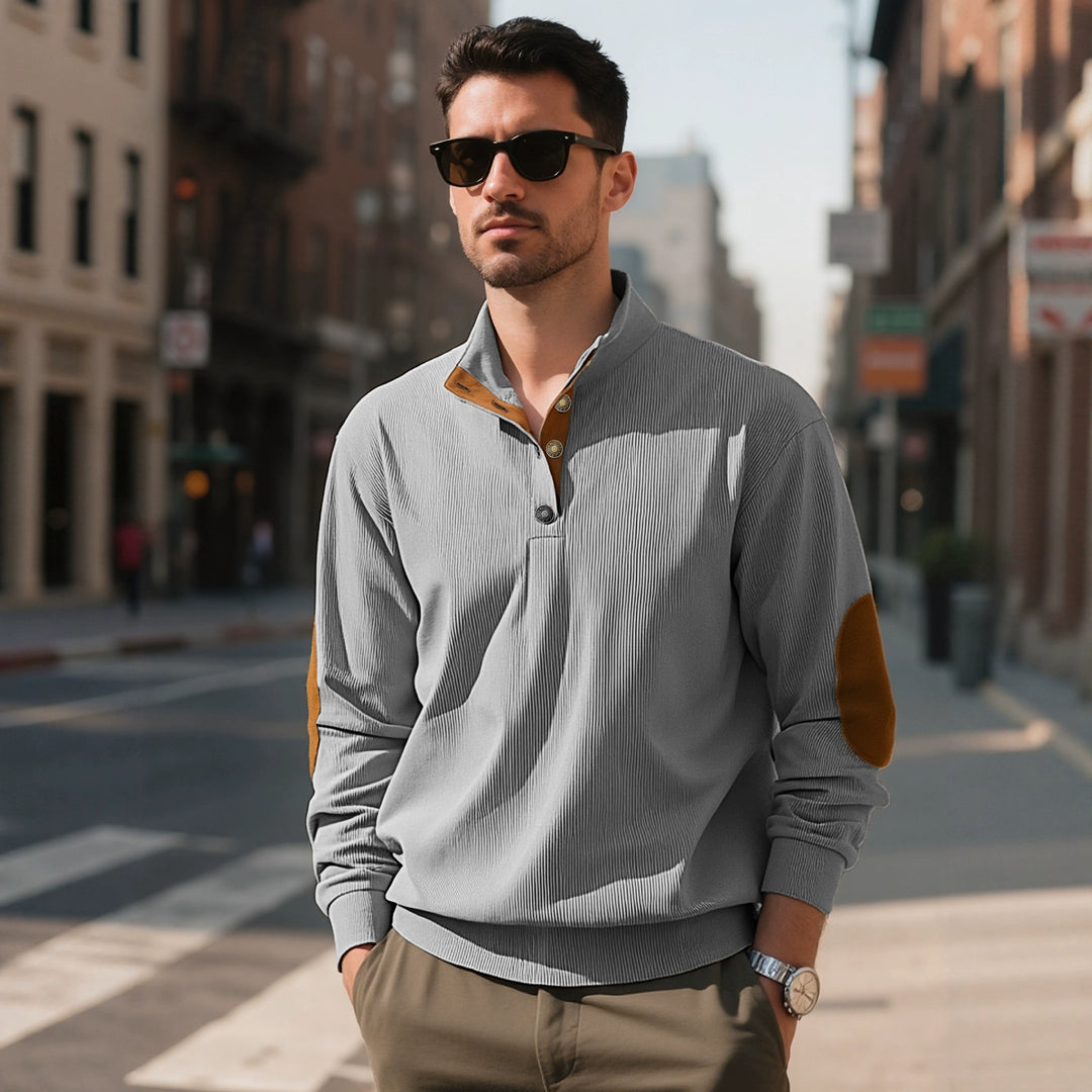 Herren nan lässiger Strukturpullover mit Polokragen, kurzer Knopfleiste und veganen Lederbesätzen EB