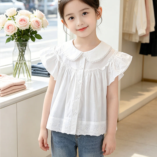 Mädchen elegante Bluse mit Spitzenkragen und Rüschendetails EB