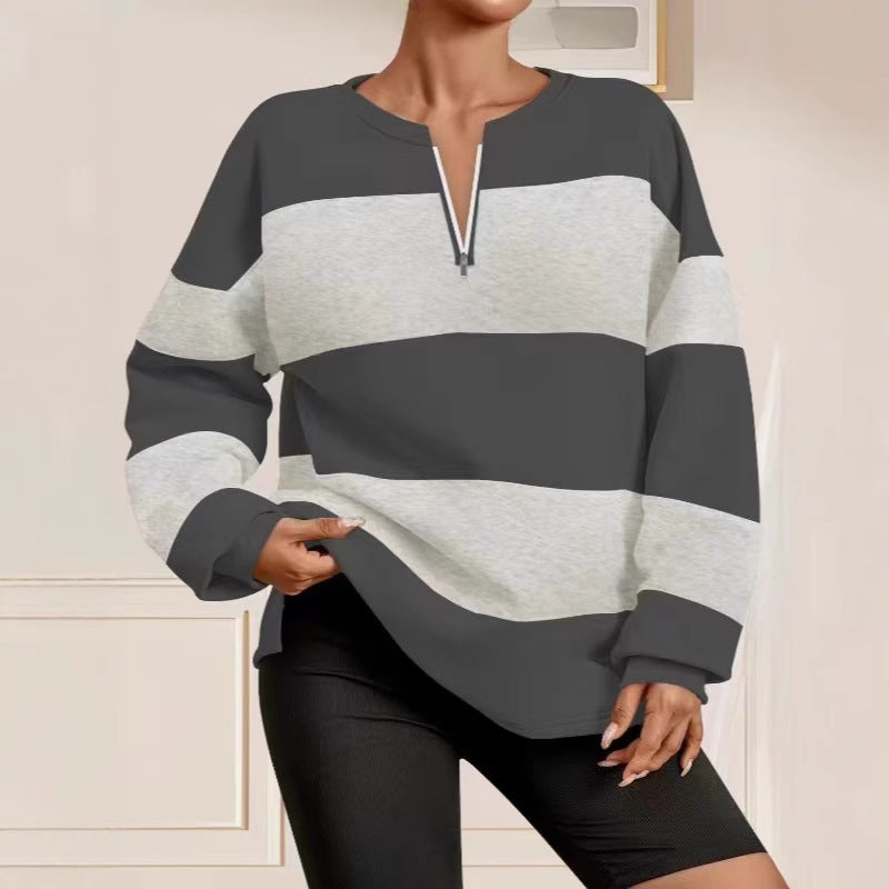 Damen modischer Sweatpullover mit Reißverschluss und gestreiftem Design EB