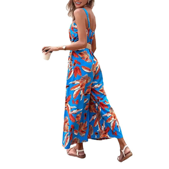 Damen lässiger Jumpsuit mit floralen Prints und breiten Beinen EB