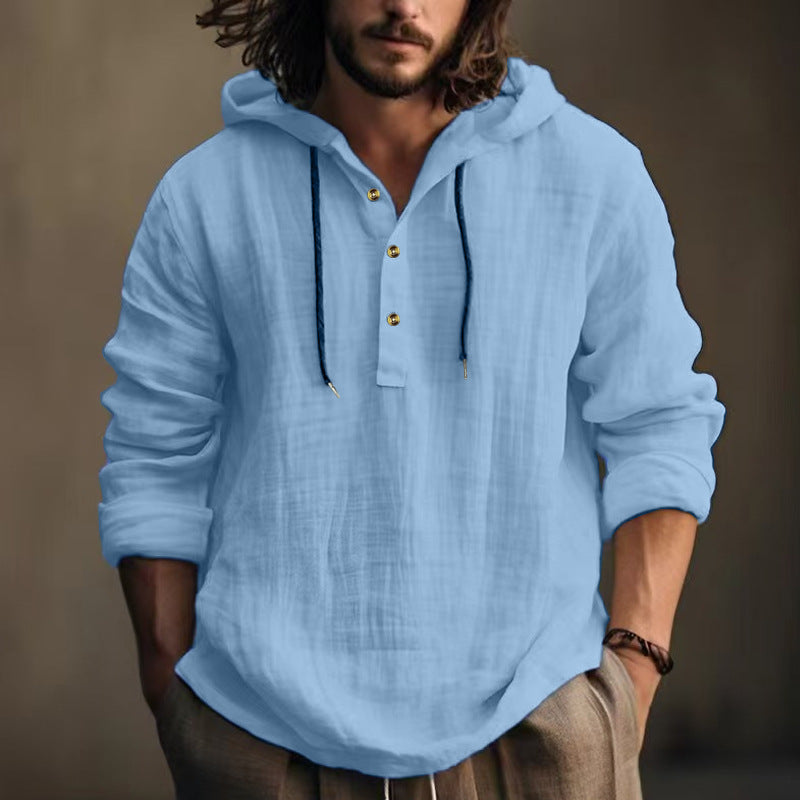 Herren nan leichtes Kapuzen-Henley Leinenhemd mit Knopfleiste und Kordelzug EB
