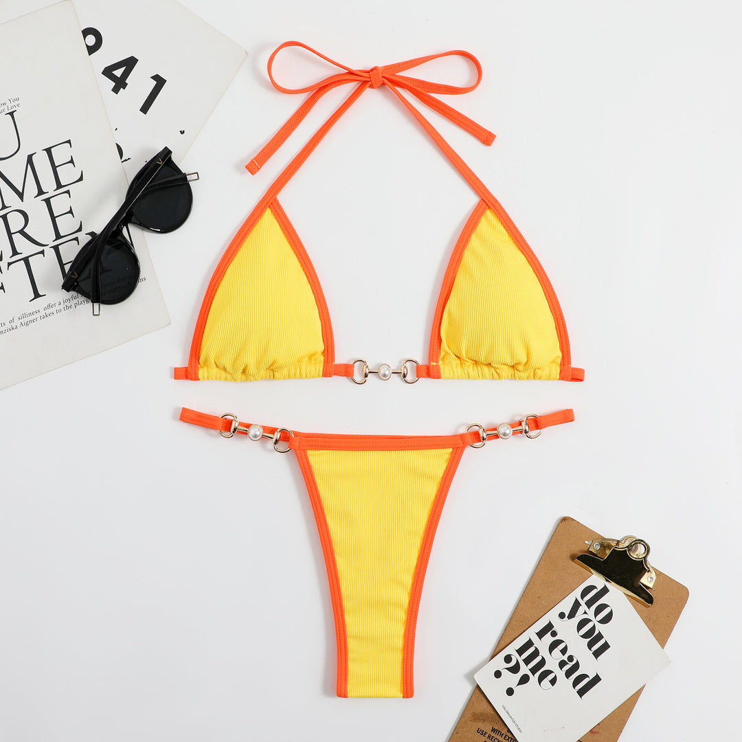 Damen Triangel-Bikini mit modischem Rippdesign und dekorativen Elementen EB