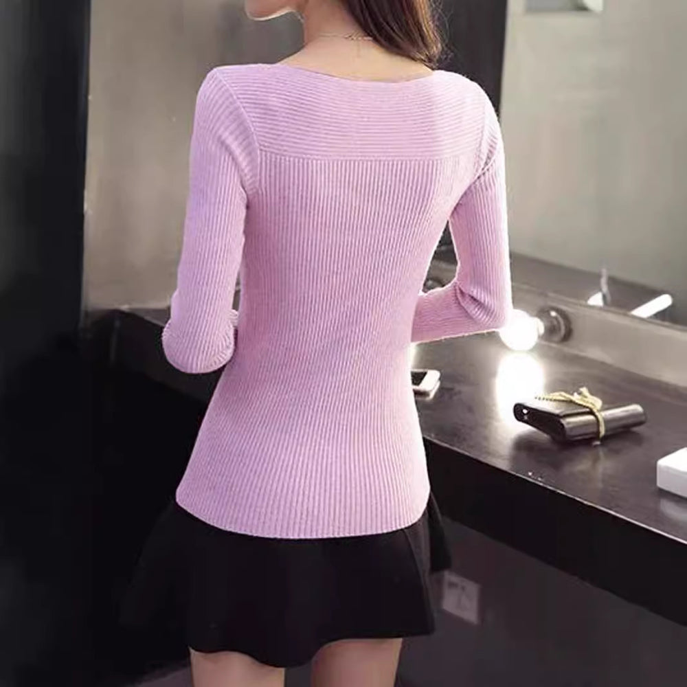 Damen Elegantes Rippstrickoberteil mit weitem Rundhalsausschnitt EB