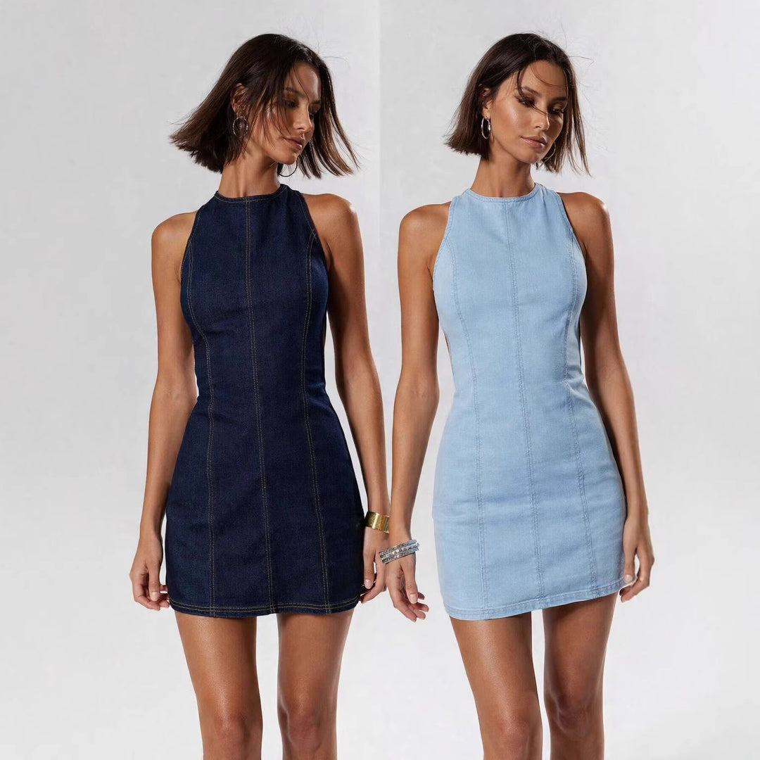 Damen figurbetontes Denim-Kleid mit Seitenschlitzen und hohem Kragen EB
