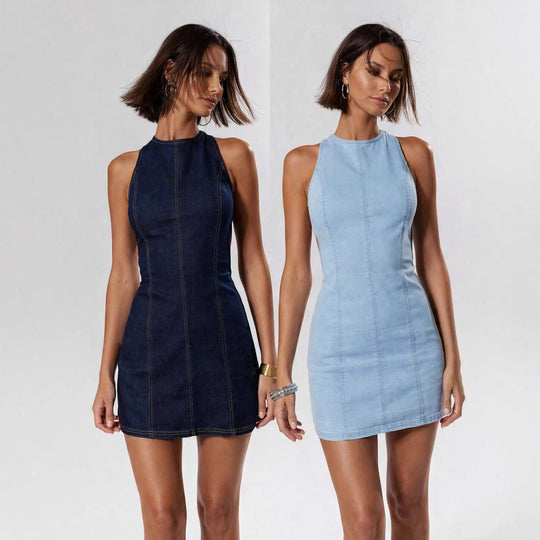 Damen figurbetontes Denim-Kleid mit Seitenschlitzen und hohem Kragen EB