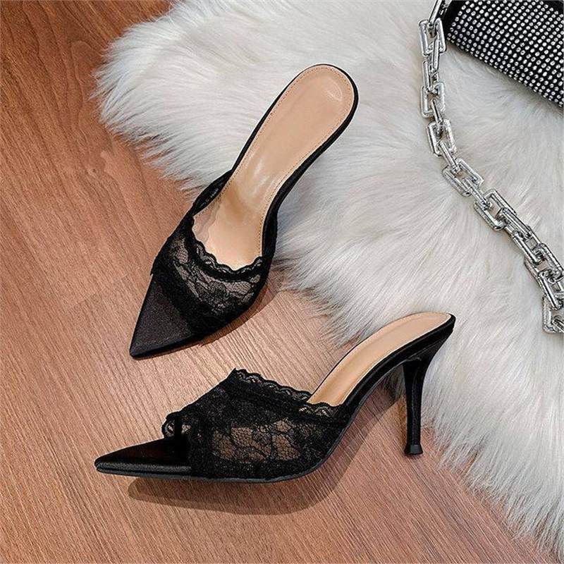 Damen elegante Mules mit Spitze und feiner Spitze EB