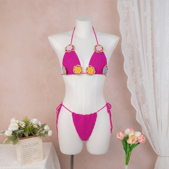 Damen Häkel-Bikini mit verspieltem Blumendesign und verstellbaren Bändern EB