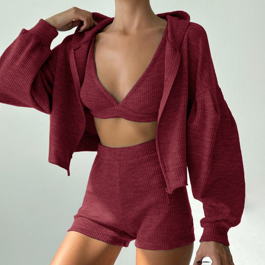 Damen nan kurzes geripptes Lounge-Set mit Kapuzen-Zipjacke und Highwaist-Shorts EB