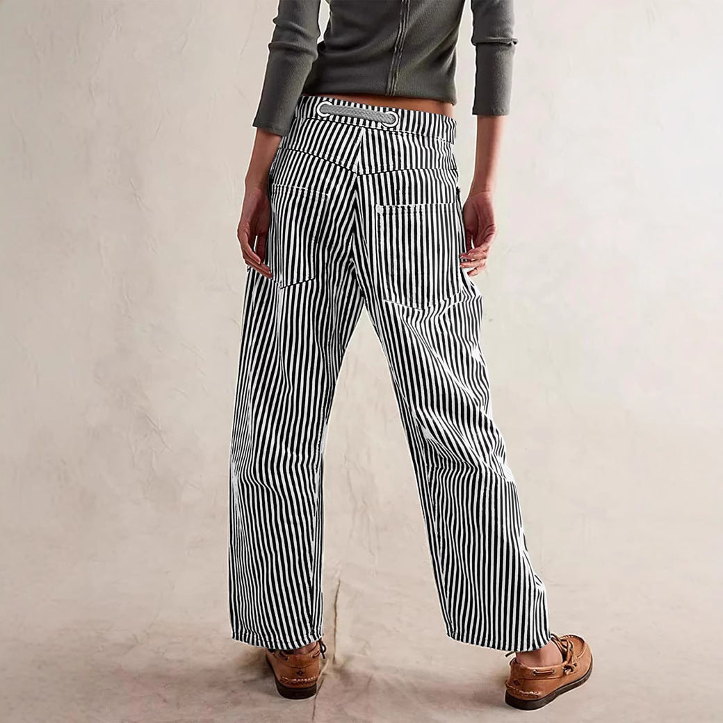 Damen nan lässige gestreifte Leinenhose mit Kordelzug und aufgesetzten Taschen EB