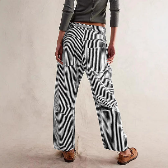 Damen nan lässige gestreifte Leinenhose mit Kordelzug und aufgesetzten Taschen EB
