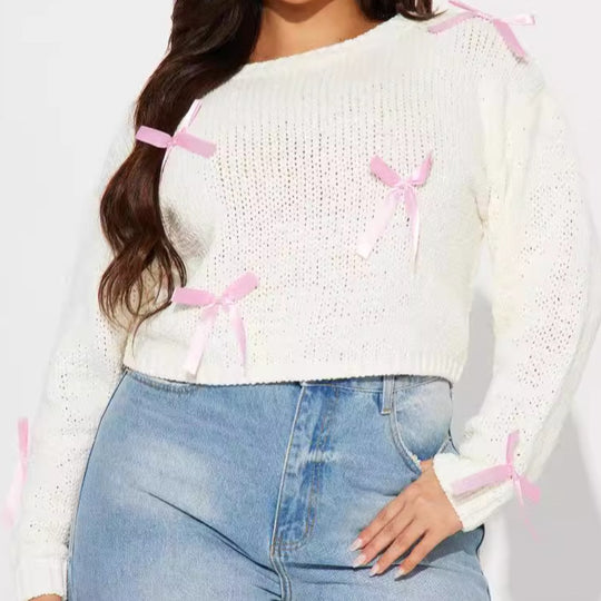 Damen Süßer Strickpullover mit Schleifen-Applikationen EB
