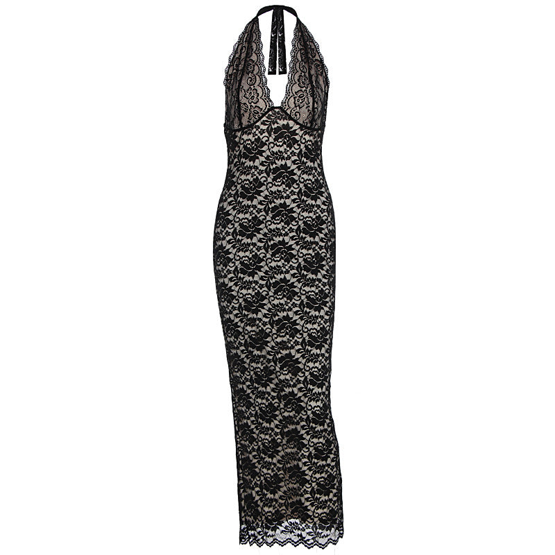 Damen Elegantes Spitzenmaxikleid mit halterndem Dekolleté EB
