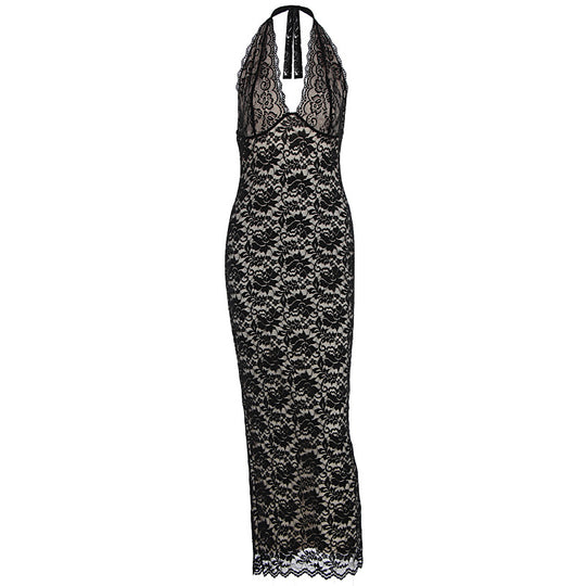 Damen Elegantes Spitzenmaxikleid mit halterndem Dekolleté EB