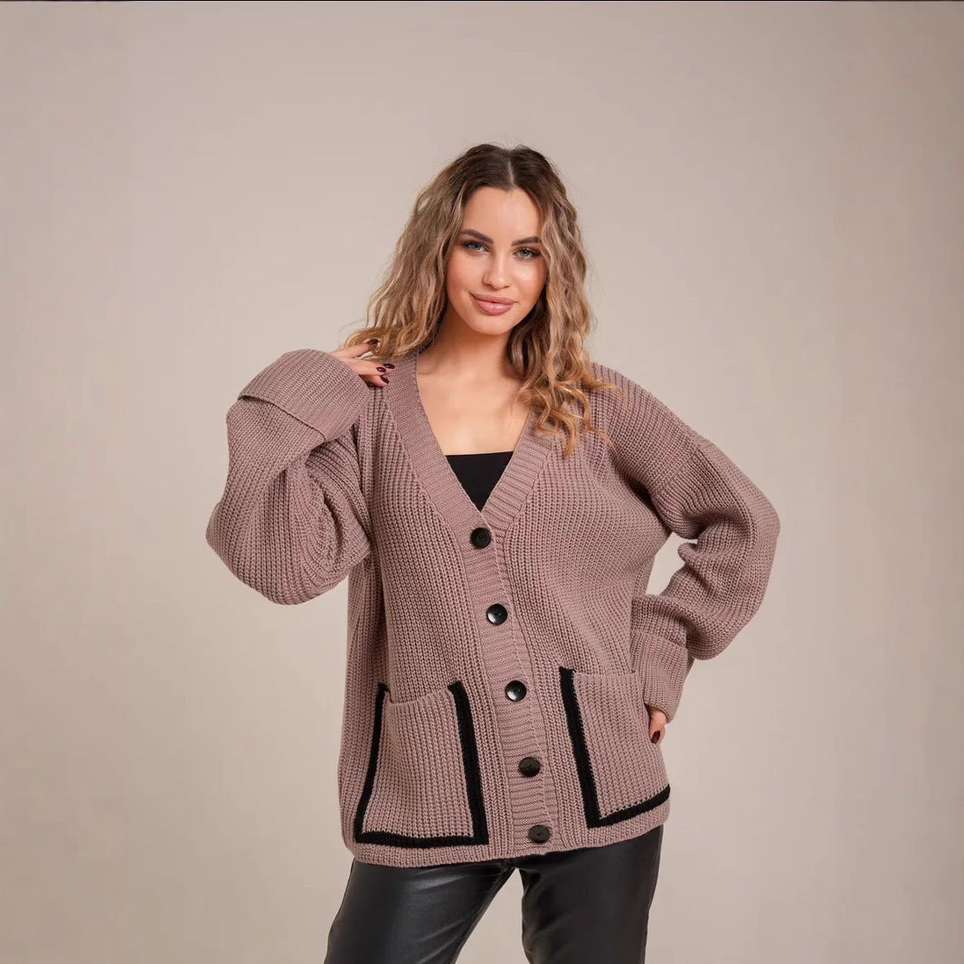 Damen Strickjacke mit großem Kragen und Taschen EB