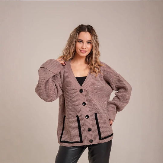 Damen Strickjacke mit großem Kragen und Taschen EB