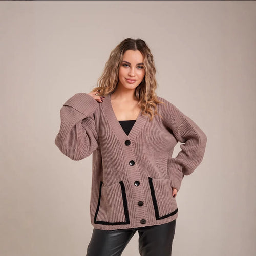 Damen Strickjacke mit großem Kragen und Taschen EB
