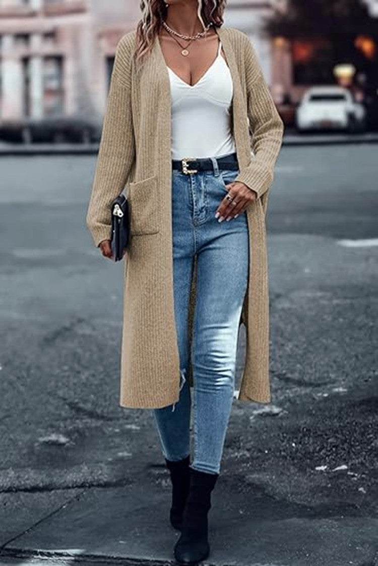 Damen Langer Strickmantel mit strukturiertem Design und praktischen Taschen EB