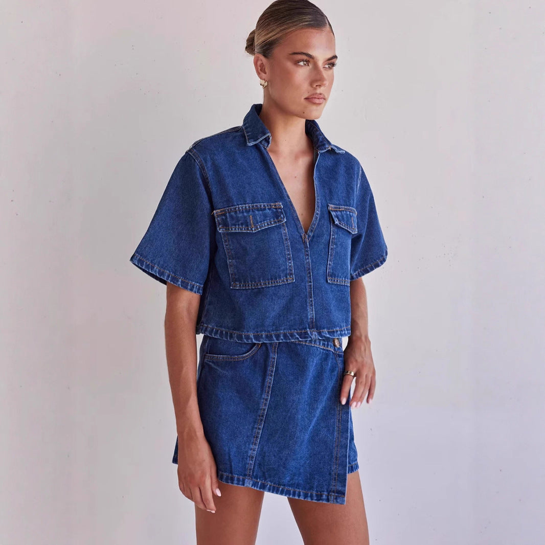 Damen Denim-Crop-Hemd mit aufgesetzten Taschen und passendem Rock EB
