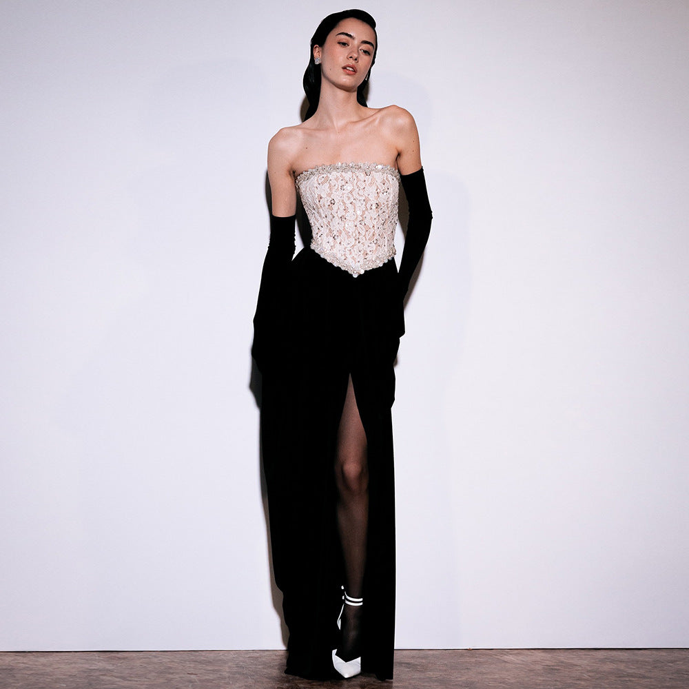 Damen elegantes Abendkleid mit schimmerndem Spitzenoberteil und Drapierungsdetails EB