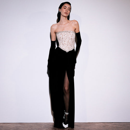 Damen elegantes Abendkleid mit schimmerndem Spitzenoberteil und Drapierungsdetails EB