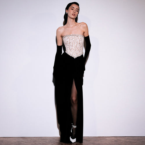 Damen elegantes Abendkleid mit schimmerndem Spitzenoberteil und Drapierungsdetails EB