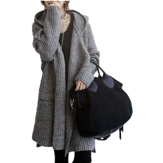 Damen Hüttenstrickmantel mit Gürtel und großen Taschen EB