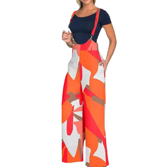 Damen modische Latzhose mit weitem Bein und buntem Grafikdesign EB