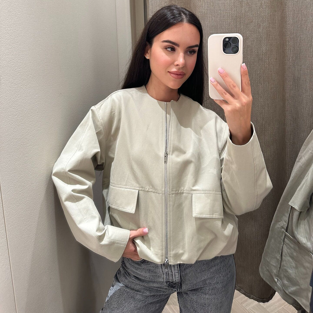 Damen modische Übergangsjacke mit großen Taschen und elastischem Bund EB